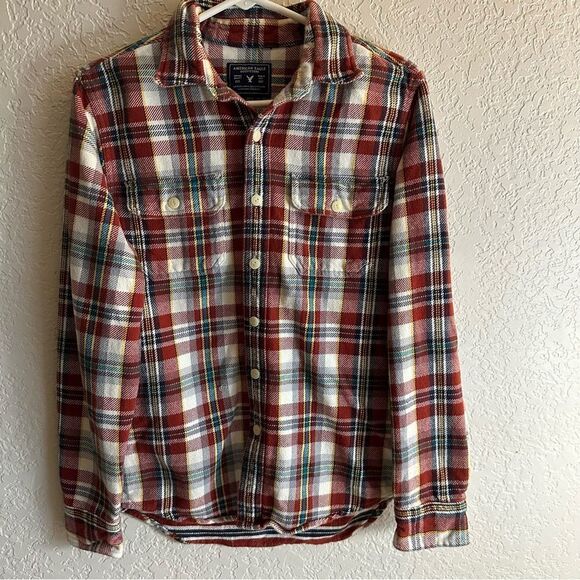AMERICAN EAGLE WOMEN'S FLANNEL SHIRT RED PLAID VINTAGE BOYFRIEND BUTTON UP SZ SM - Picture 8 of 9